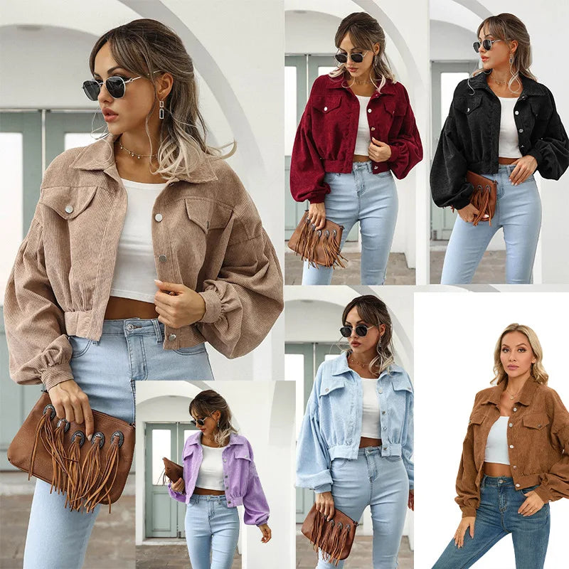 American lapel corduroy jacket lantern sleeve short jacket women's clothing