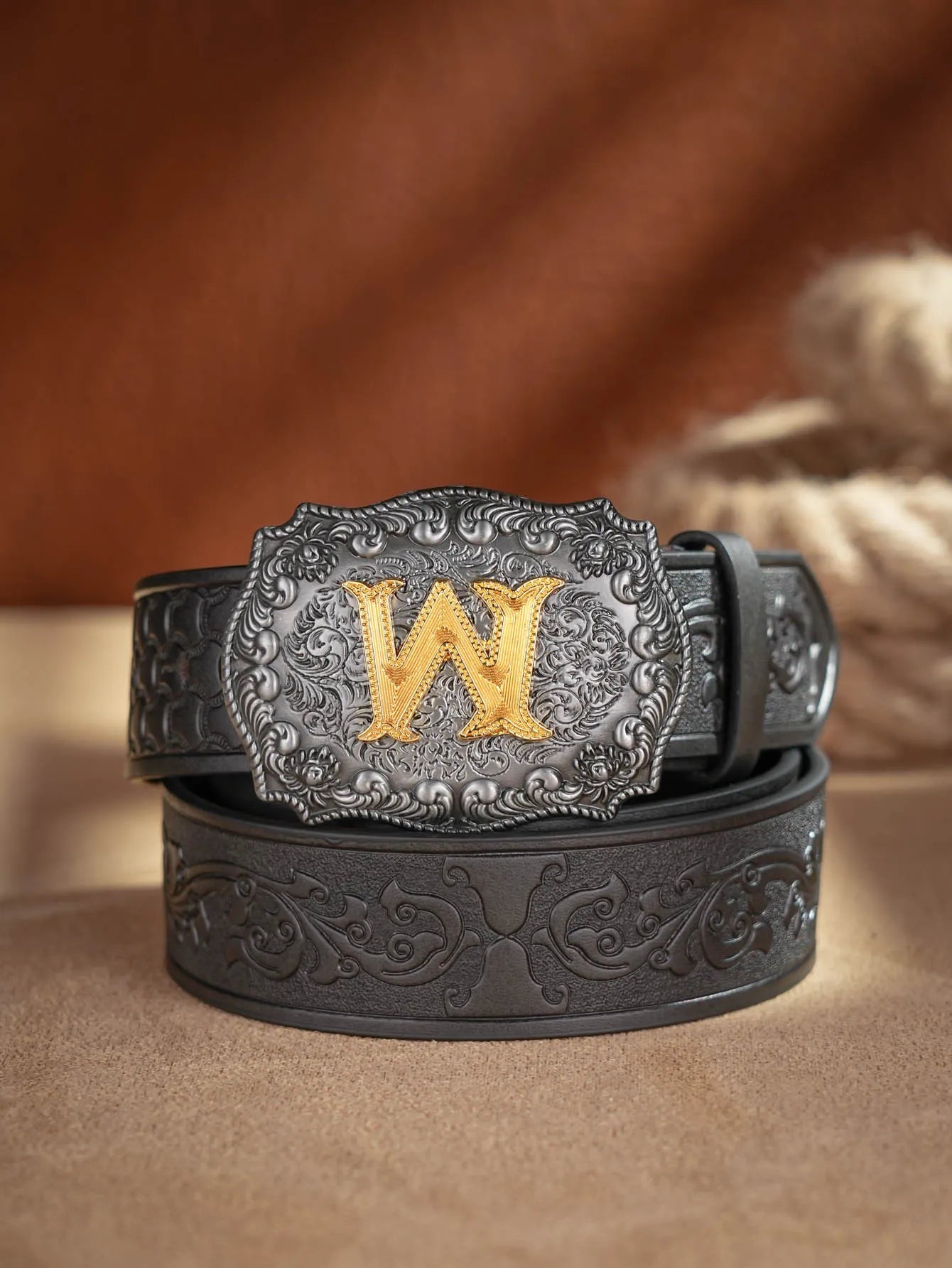 Western Cowboy Pu Leather Belt Men Waist Belt Bull Decoration Flowers Engraved for Jeans