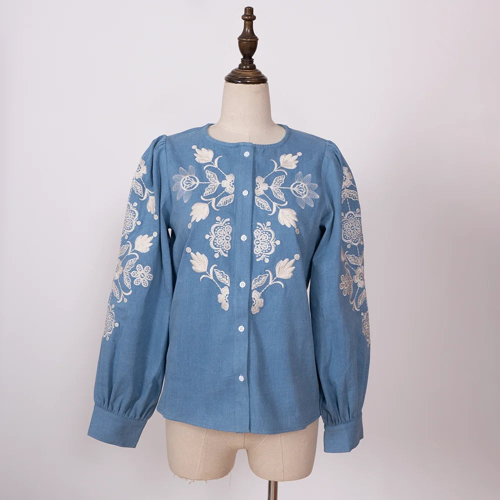 Floral Embroidered Women Shirt Classic Casual Lady Top