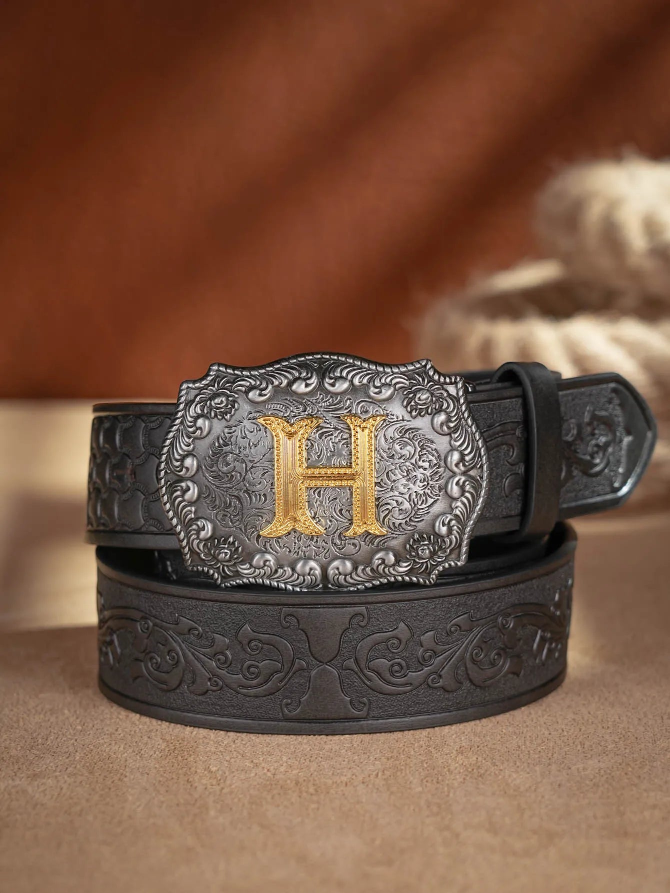 Western Cowboy Pu Leather Belt Men Waist Belt Bull Decoration Flowers Engraved for Jeans