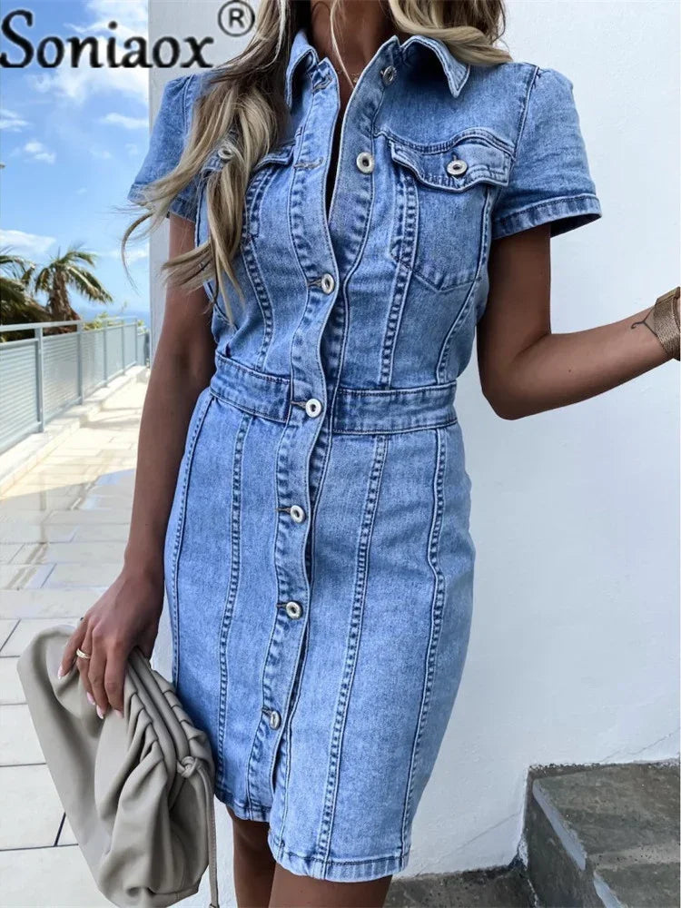 Retro hellblau Kurzarm Kleid für Frauen Mode Jeans Kleid