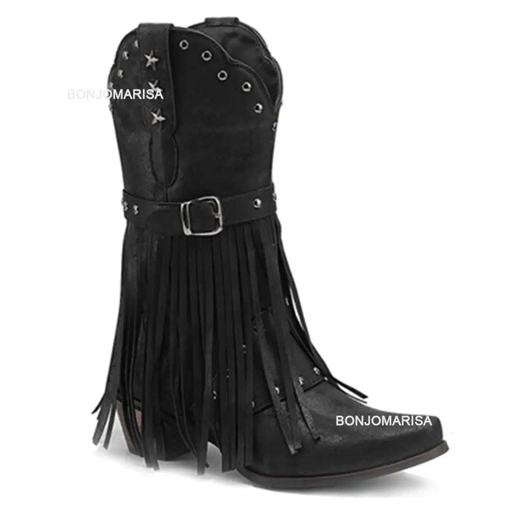 BONJOMARISA Cowboy Stiefel Für Frauen Fransen Stickerei Blume Süße Western