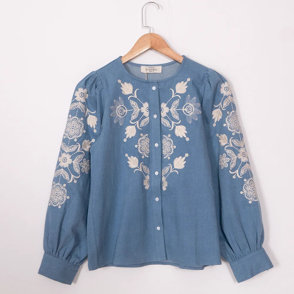 Floral Embroidered Women Shirt Classic Casual Lady Top