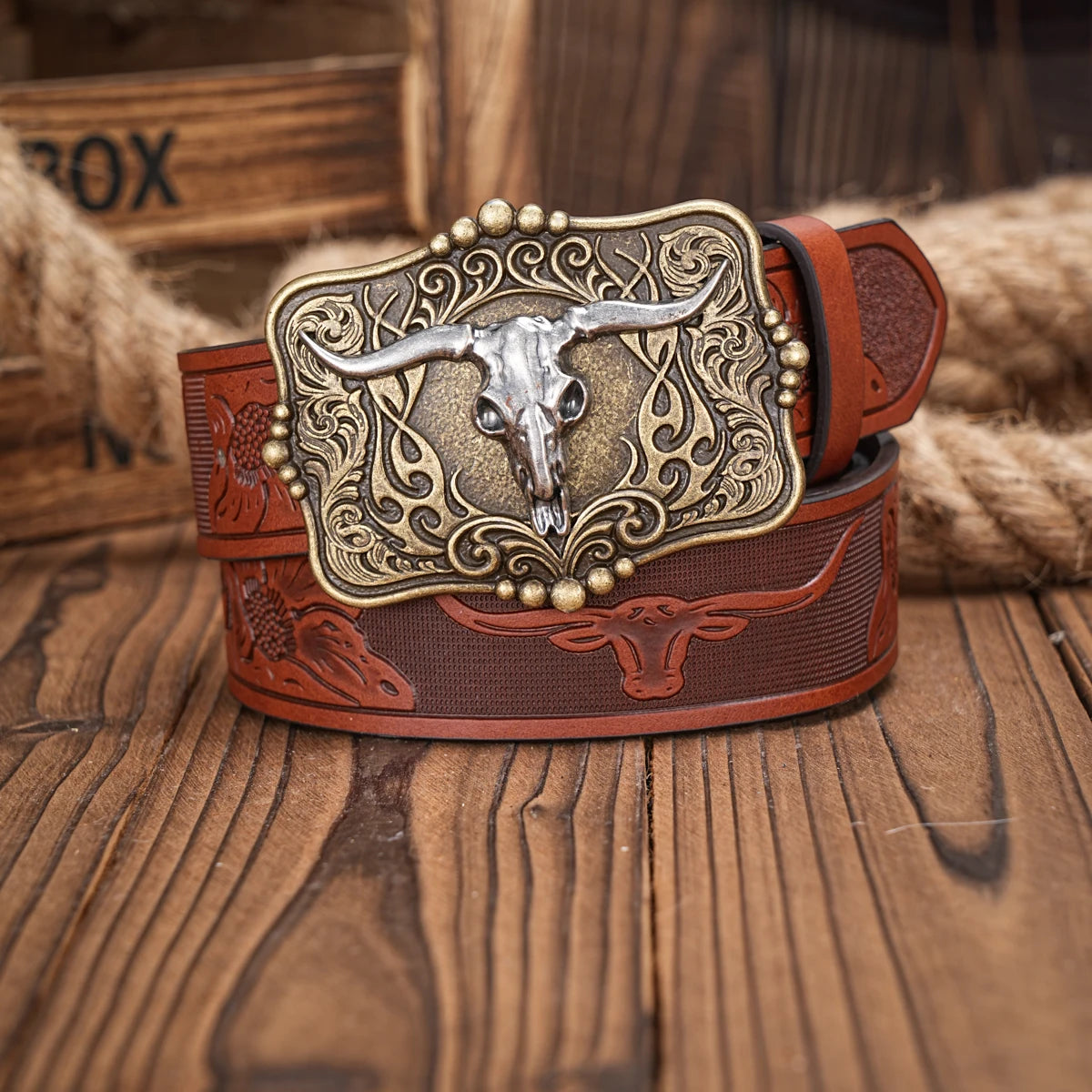 Western Cowboy Pu Leather Belt Men Waist Belt Bull Decoration Flowers Engraved for Jeans