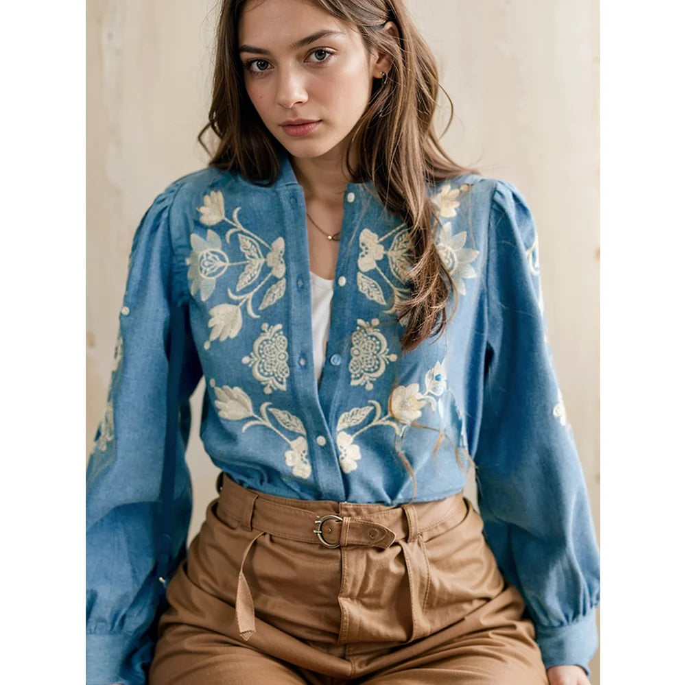 Floral Embroidered Women Shirt Classic Casual Lady Top