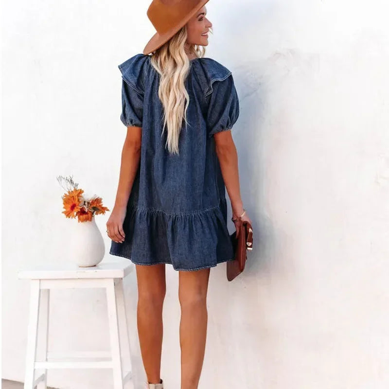 Women's Denim Dress Loose Casual Ruffle Short Dress for Women