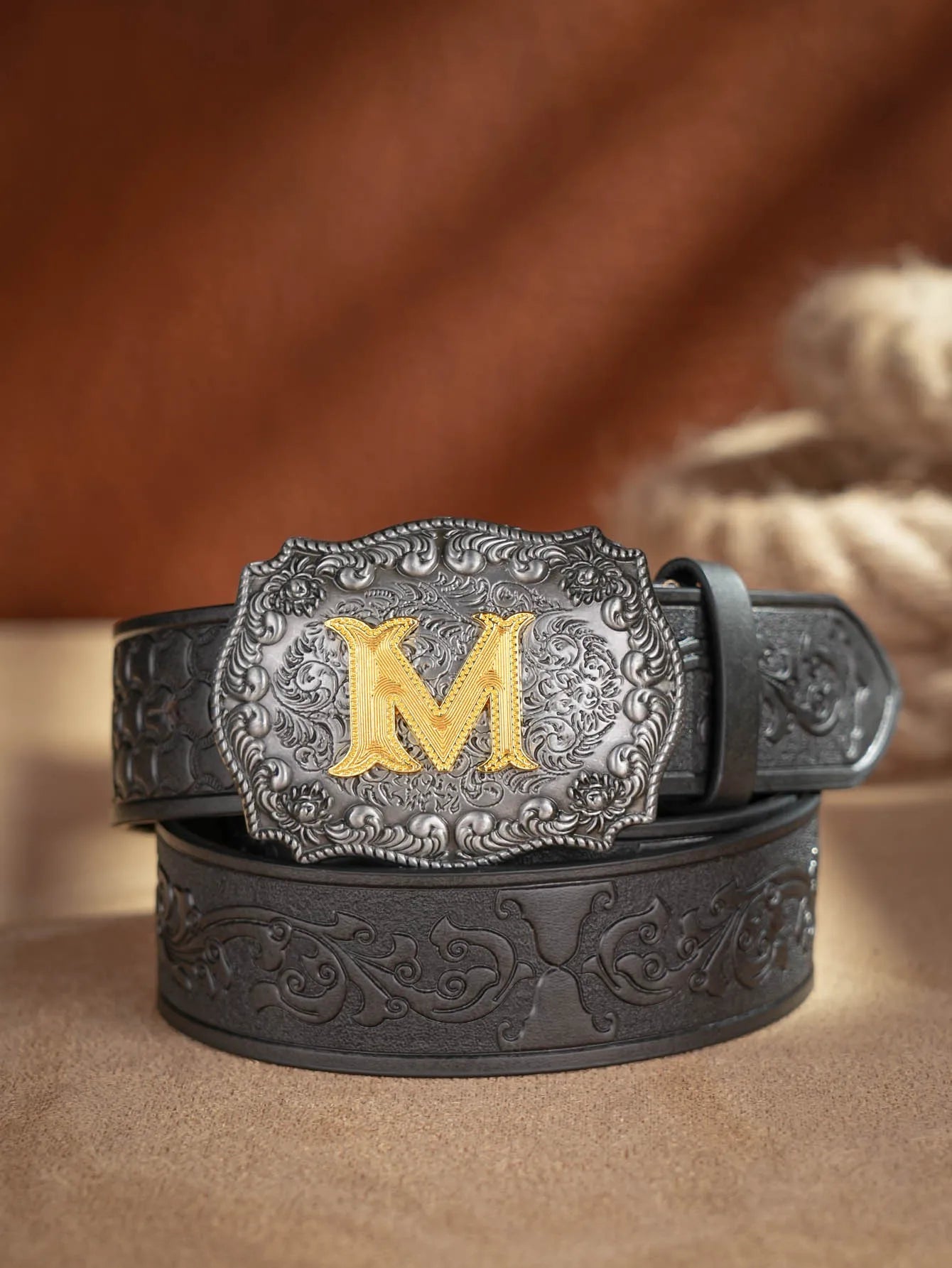 Western Cowboy Pu Leather Belt Men Waist Belt Bull Decoration Flowers Engraved for Jeans