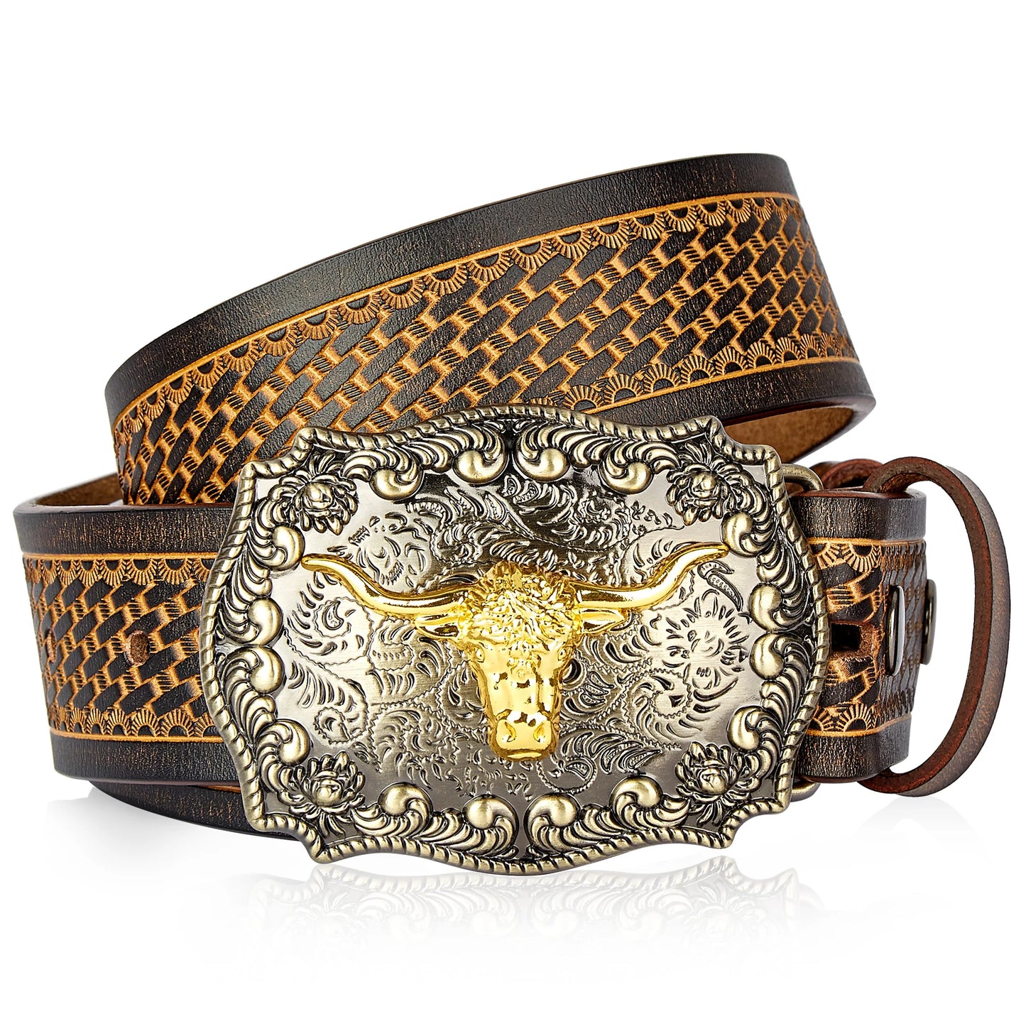 Men's Western embossed genuine leather belt with golden Cowboy Longhorn Bull buckle