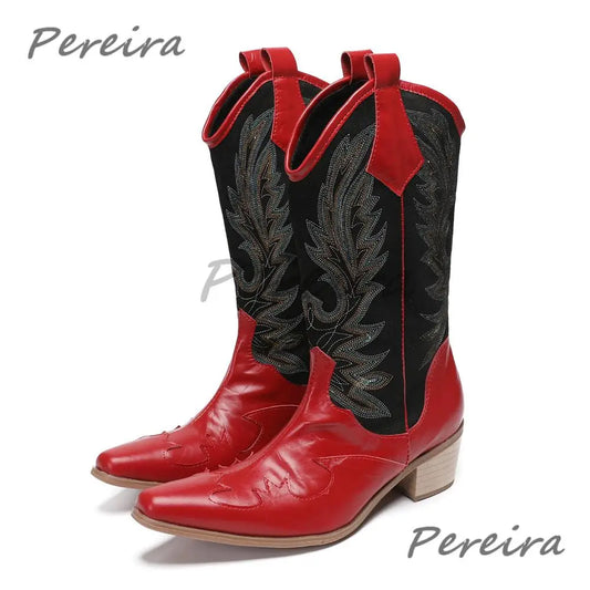 Men's Western Cowboy Boots Red Black Mixed Colors Pointed Toe