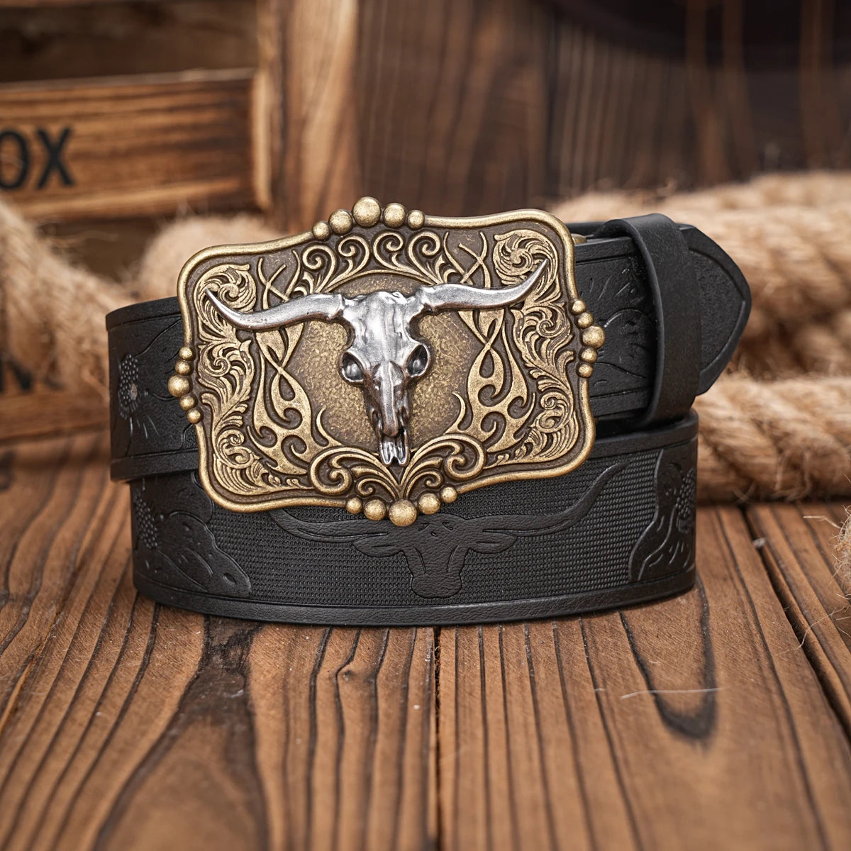 Western Cowboy Pu Leather Belt Men Waist Belt Bull Decoration Flowers Engraved for Jeans