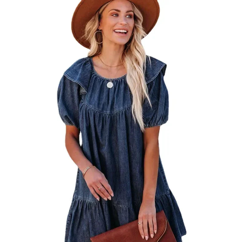 Women's Denim Dress Loose Casual Ruffle Short Dress for Women