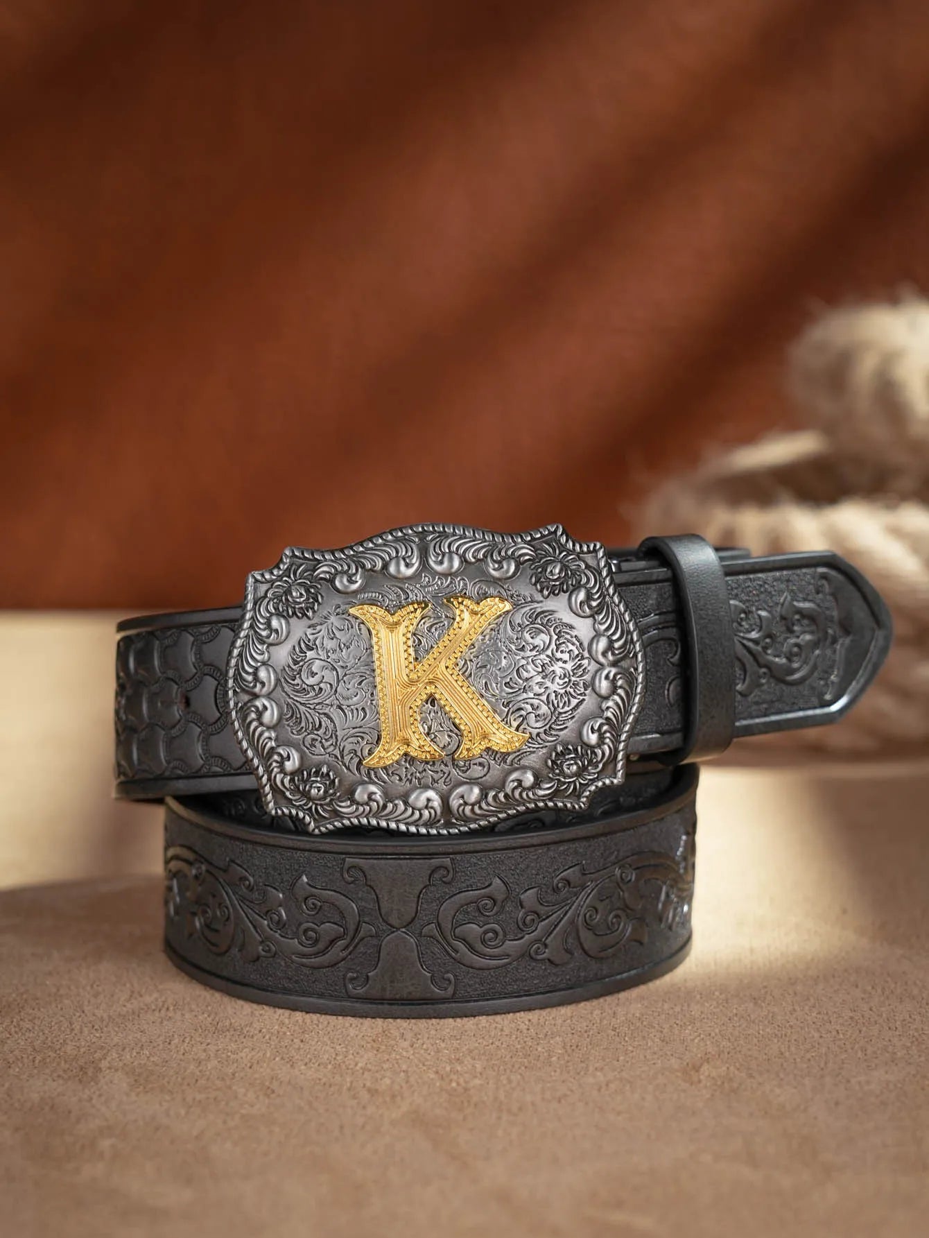 Western Cowboy Pu Leather Belt Men Waist Belt Bull Decoration Flowers Engraved for Jeans