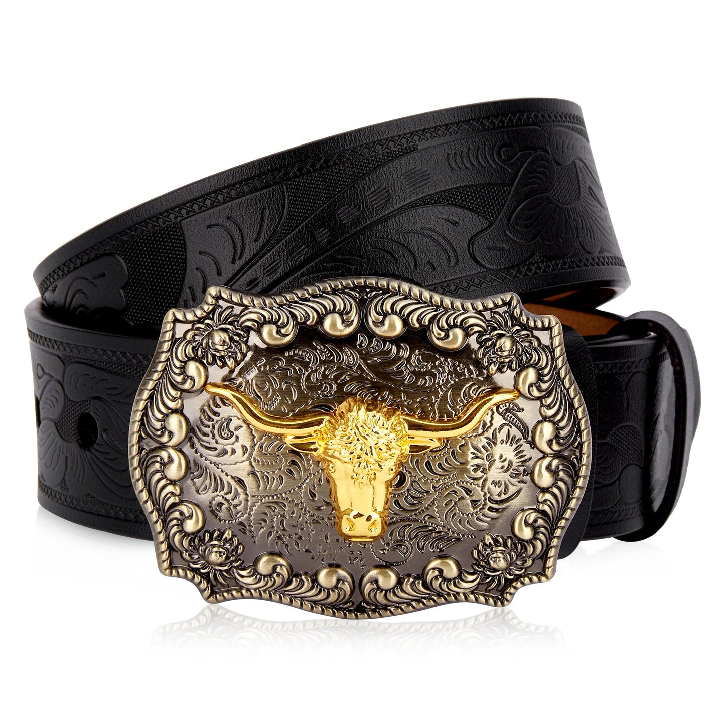 Men's Western embossed genuine leather belt with golden Cowboy Longhorn Bull buckle