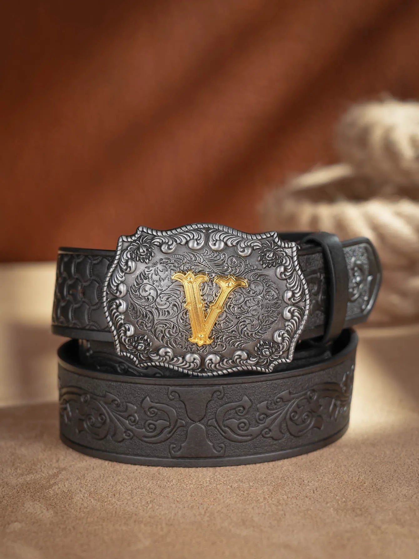 Western Cowboy Pu Leather Belt Men Waist Belt Bull Decoration Flowers Engraved for Jeans