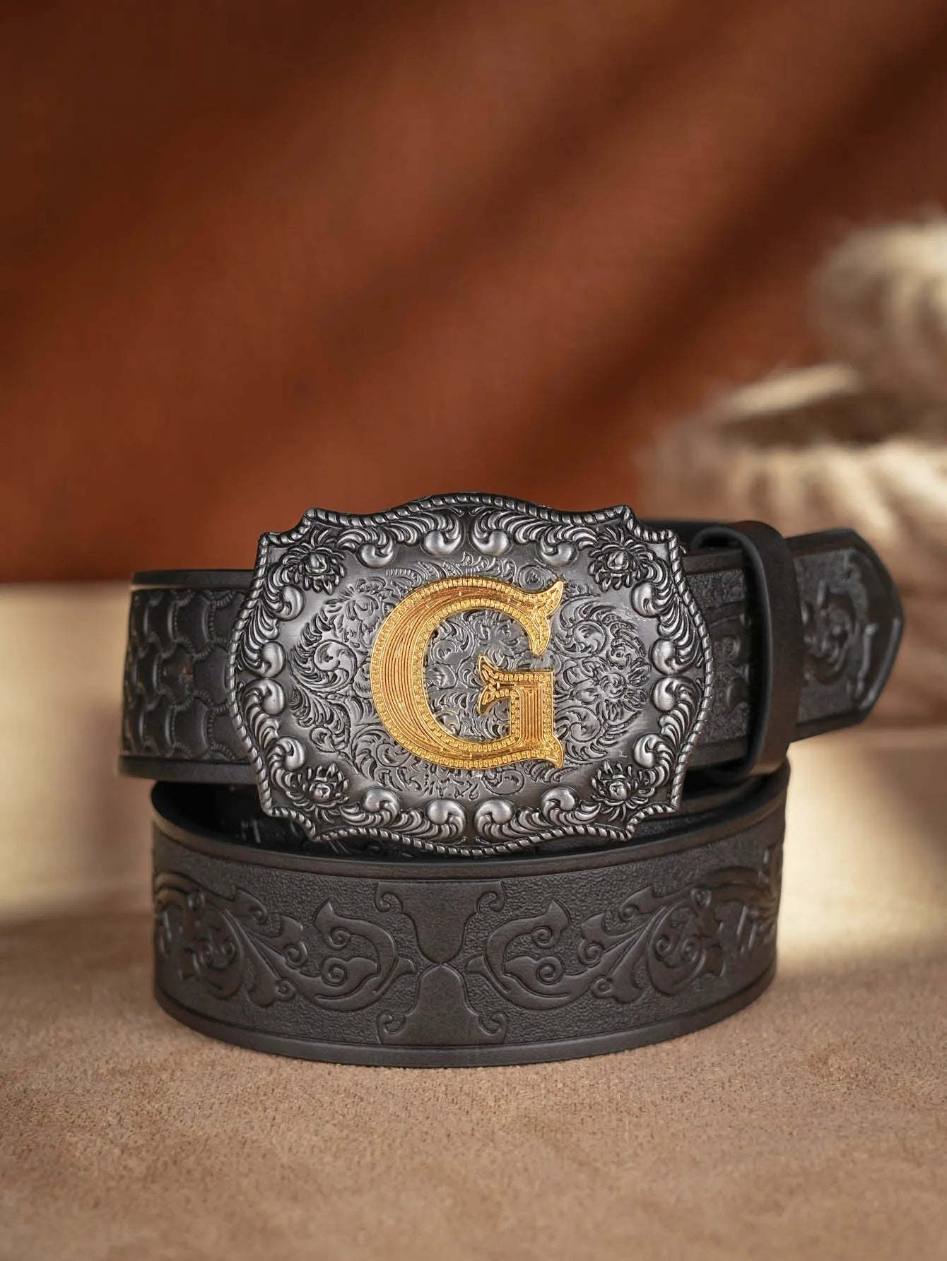 Western Cowboy Pu Leather Belt Men Waist Belt Bull Decoration Flowers Engraved for Jeans