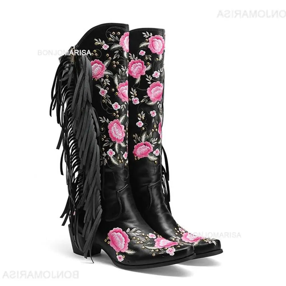 BONJOMARISA Cowboy Stiefel Für Frauen Fransen Stickerei Blume Süße Western