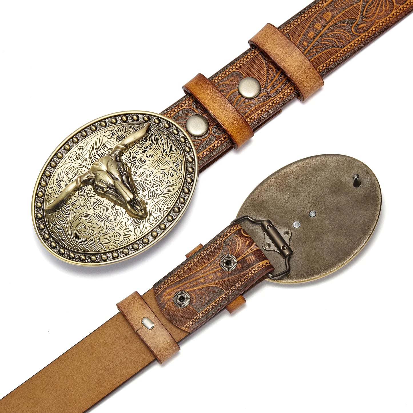 Men's Western embossed genuine leather belt with golden Cowboy Longhorn Bull buckle