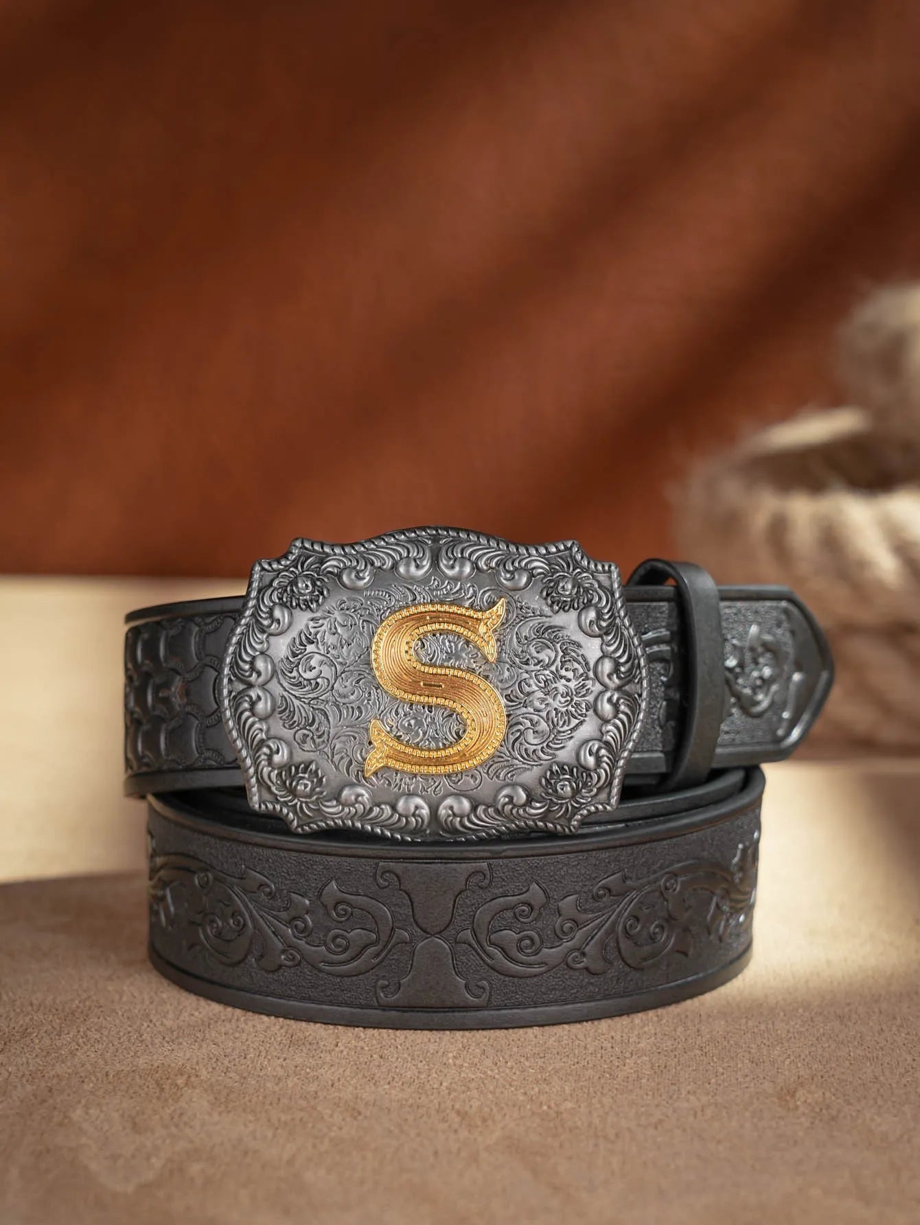 Western Cowboy Pu Leather Belt Men Waist Belt Bull Decoration Flowers Engraved for Jeans