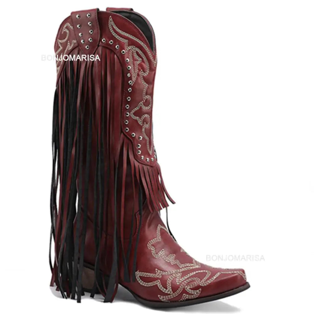 BONJOMARISA Cowboy Stiefel Für Frauen Fransen Stickerei Blume Süße Western