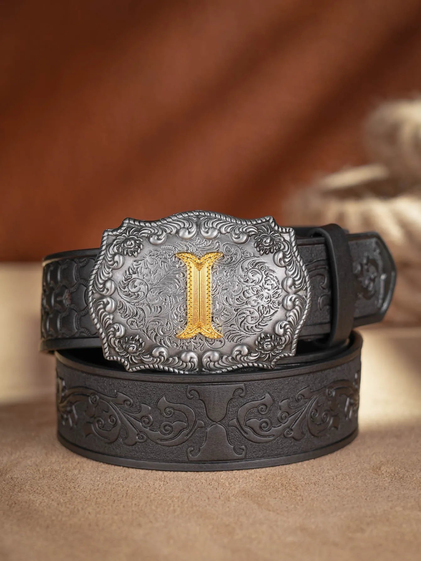 Western Cowboy Pu Leather Belt Men Waist Belt Bull Decoration Flowers Engraved for Jeans