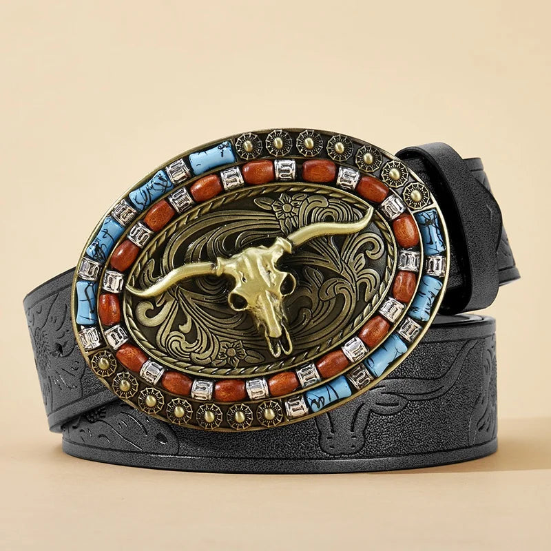 Western Cowboy Pu Leather Belt Men Waist Belt Bull Decoration Flowers Engraved for Jeans Fashion Men Leather Belt