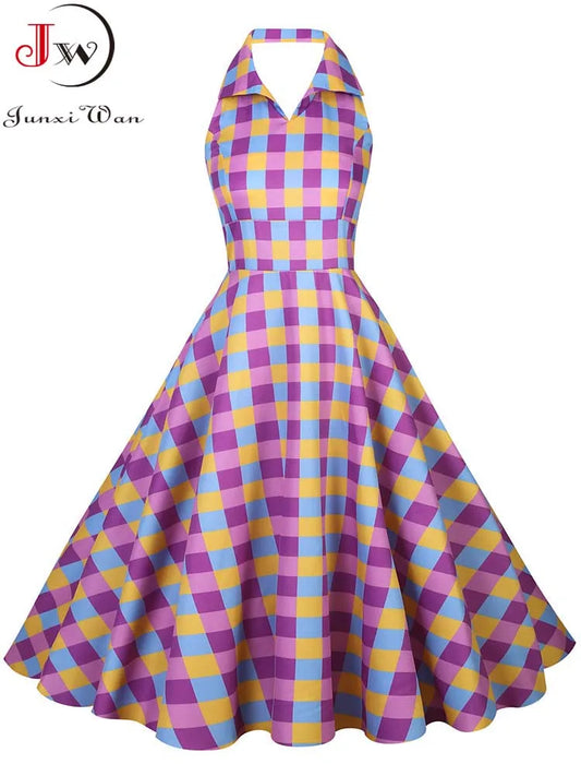 Hepburn Western style Women Plaid Vintage Housewife Retro